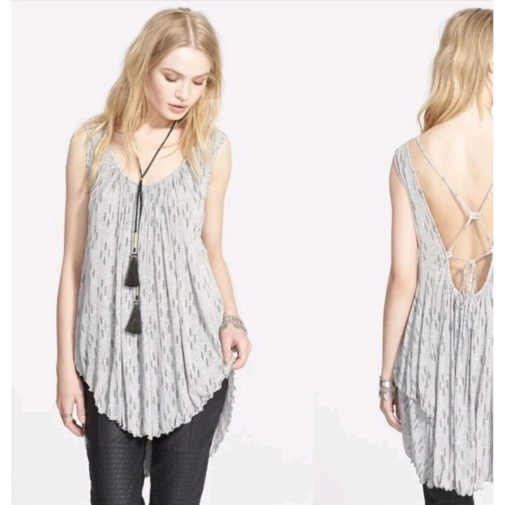 Free People Gray Patterned Hummingbird Moonshine Boho Flowy Hippie Tunic Size L